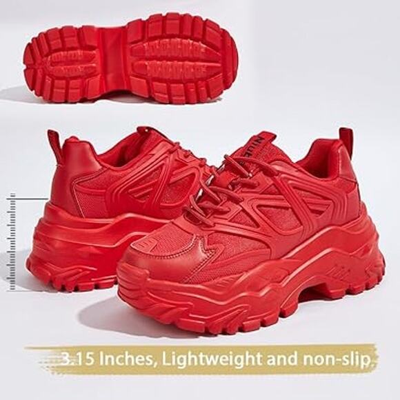 Niluber Womens Size 7 Red Chunky Lace Up NonSlip Platform Athletic Sneaker Shoes - Picture 2 of 7